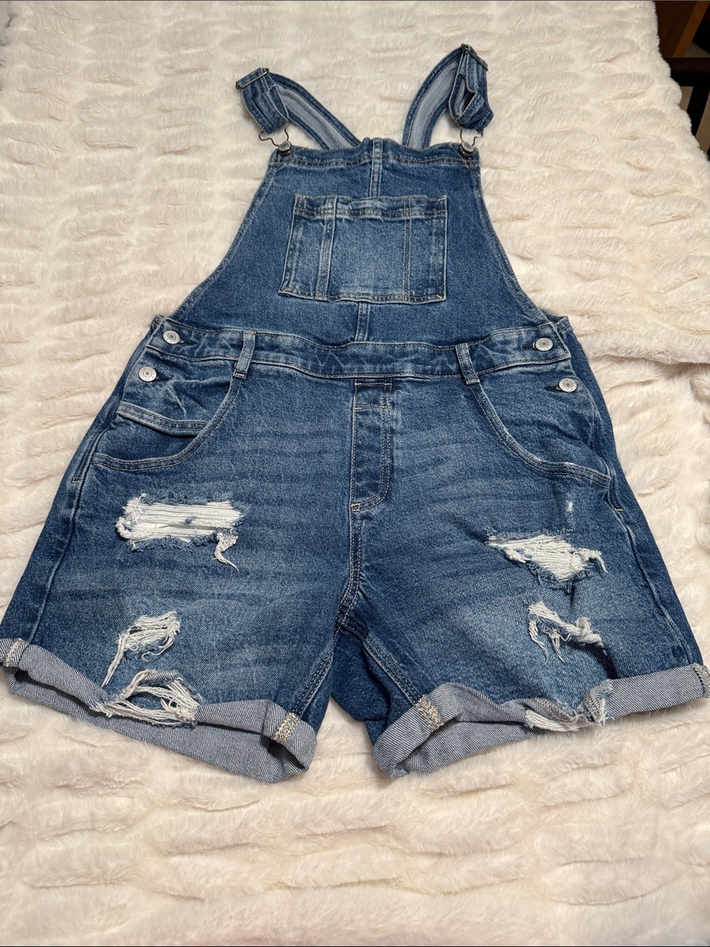 Arizona Jean Company Blue Distressed Denim Short Overalls